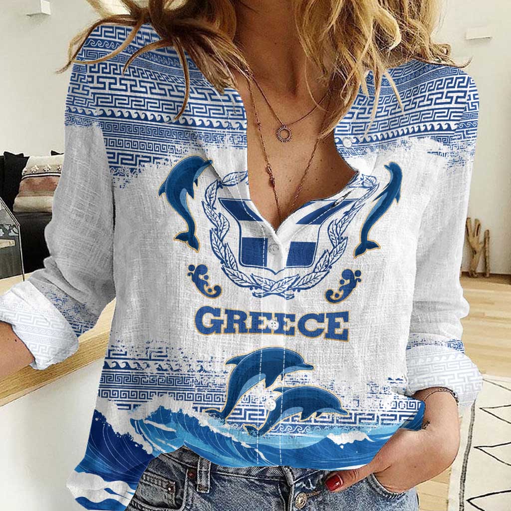 Greece Dolphin Women Casual Shirt with Greek Key Pattern and Ocean Wave Design