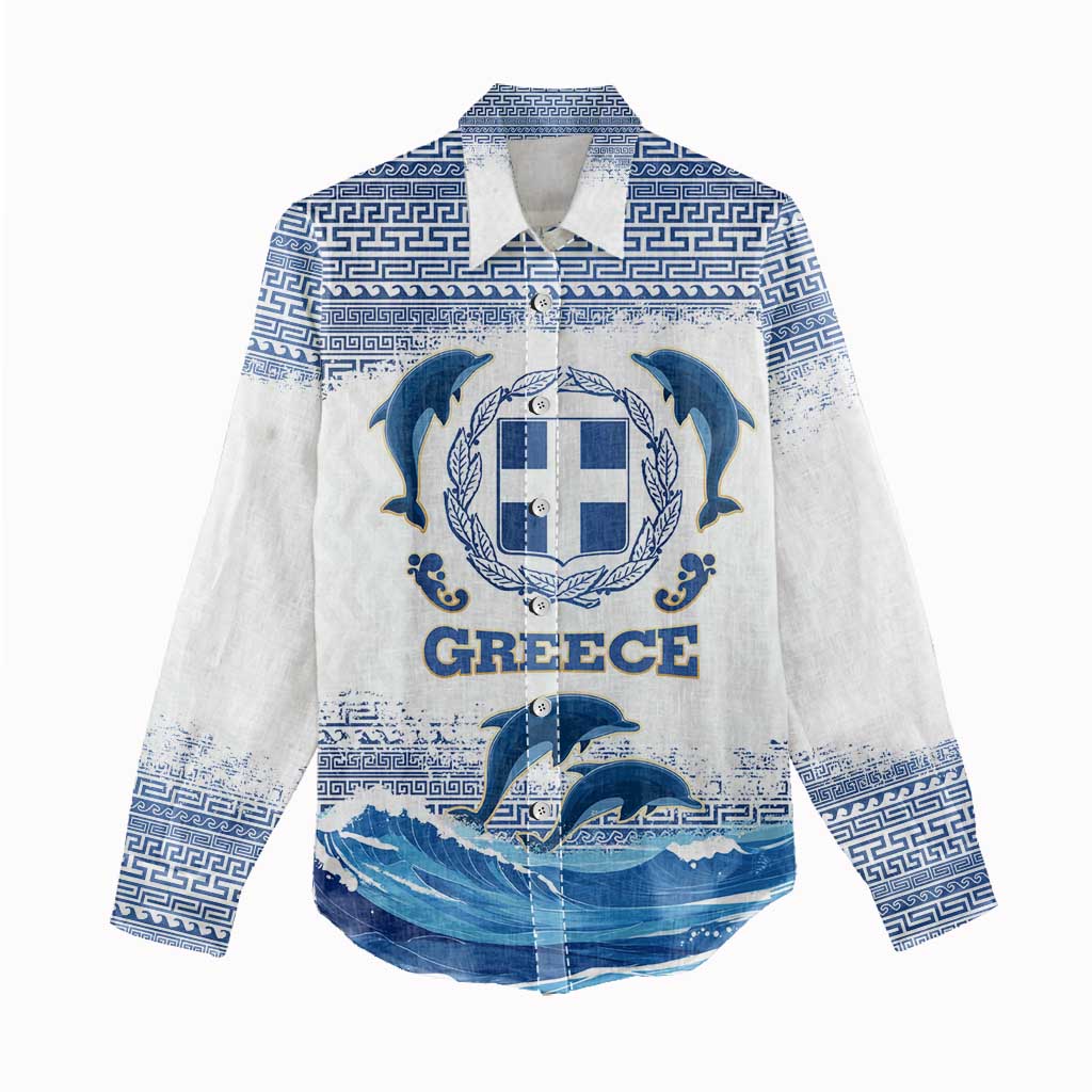 Greece Dolphin Women Casual Shirt with Greek Key Pattern and Ocean Wave Design
