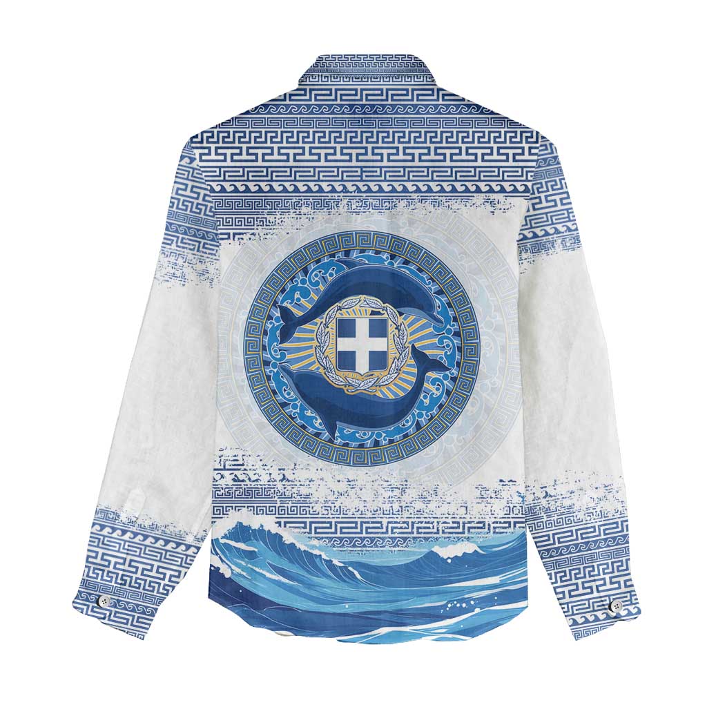 Greece Dolphin Women Casual Shirt with Greek Key Pattern and Ocean Wave Design
