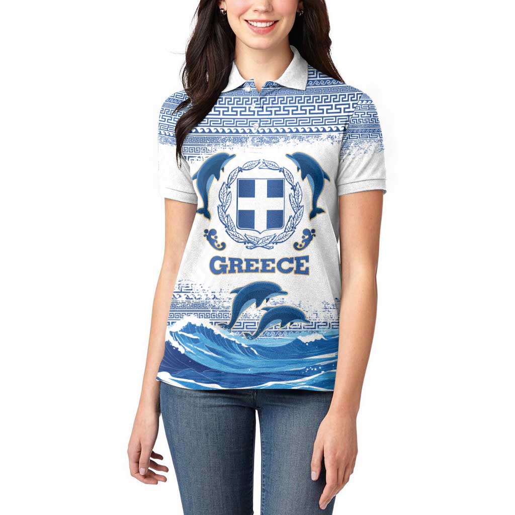 Greece Dolphin Women Polo Shirt with Greek Key Pattern and Ocean Wave Design