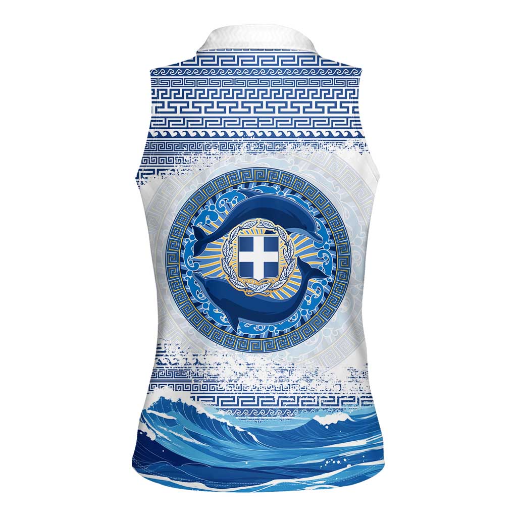 Greece Dolphin Women Sleeveless Polo Shirt with Greek Key Pattern and Ocean Wave Design
