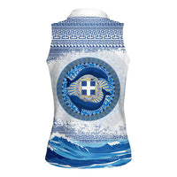 Greece Dolphin Women Sleeveless Polo Shirt with Greek Key Pattern and Ocean Wave Design