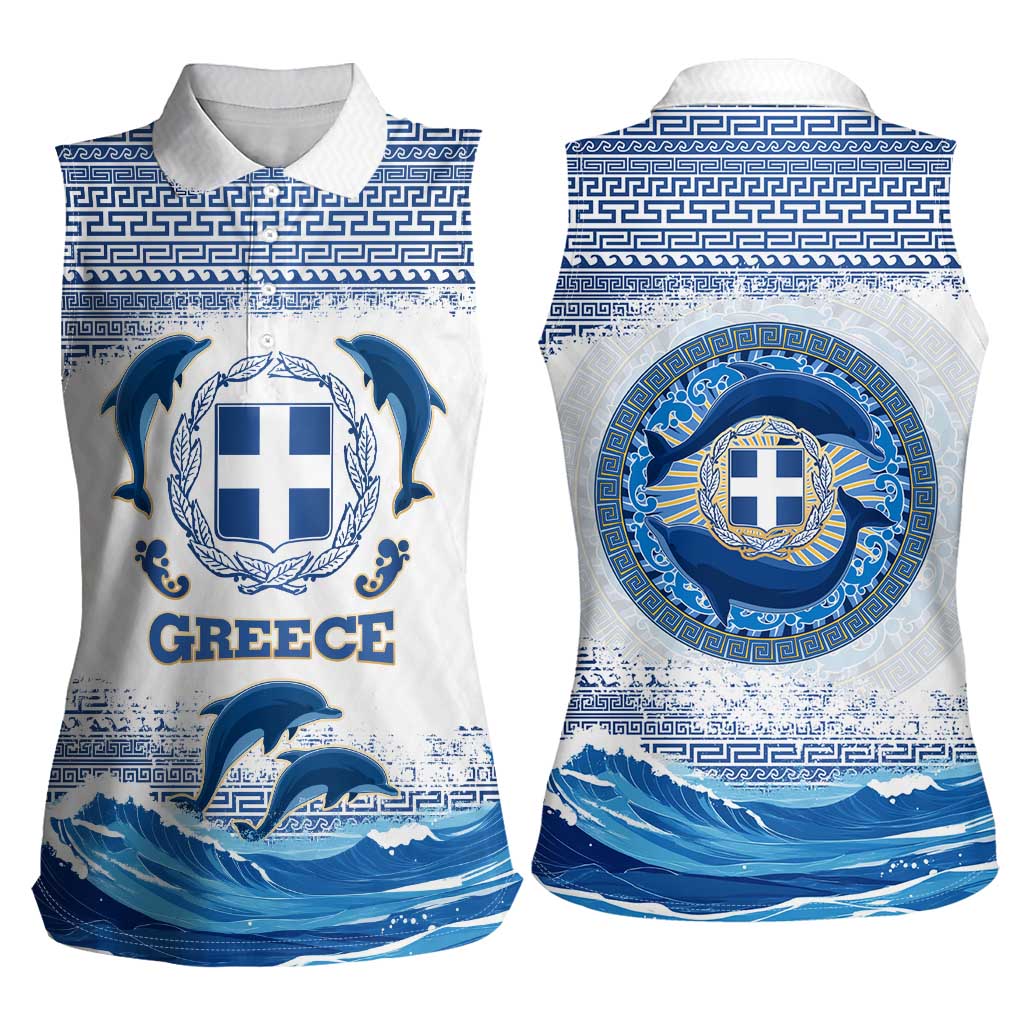 Greece Dolphin Women Sleeveless Polo Shirt with Greek Key Pattern and Ocean Wave Design