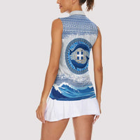 Greece Dolphin Women Sleeveless Polo Shirt with Greek Key Pattern and Ocean Wave Design