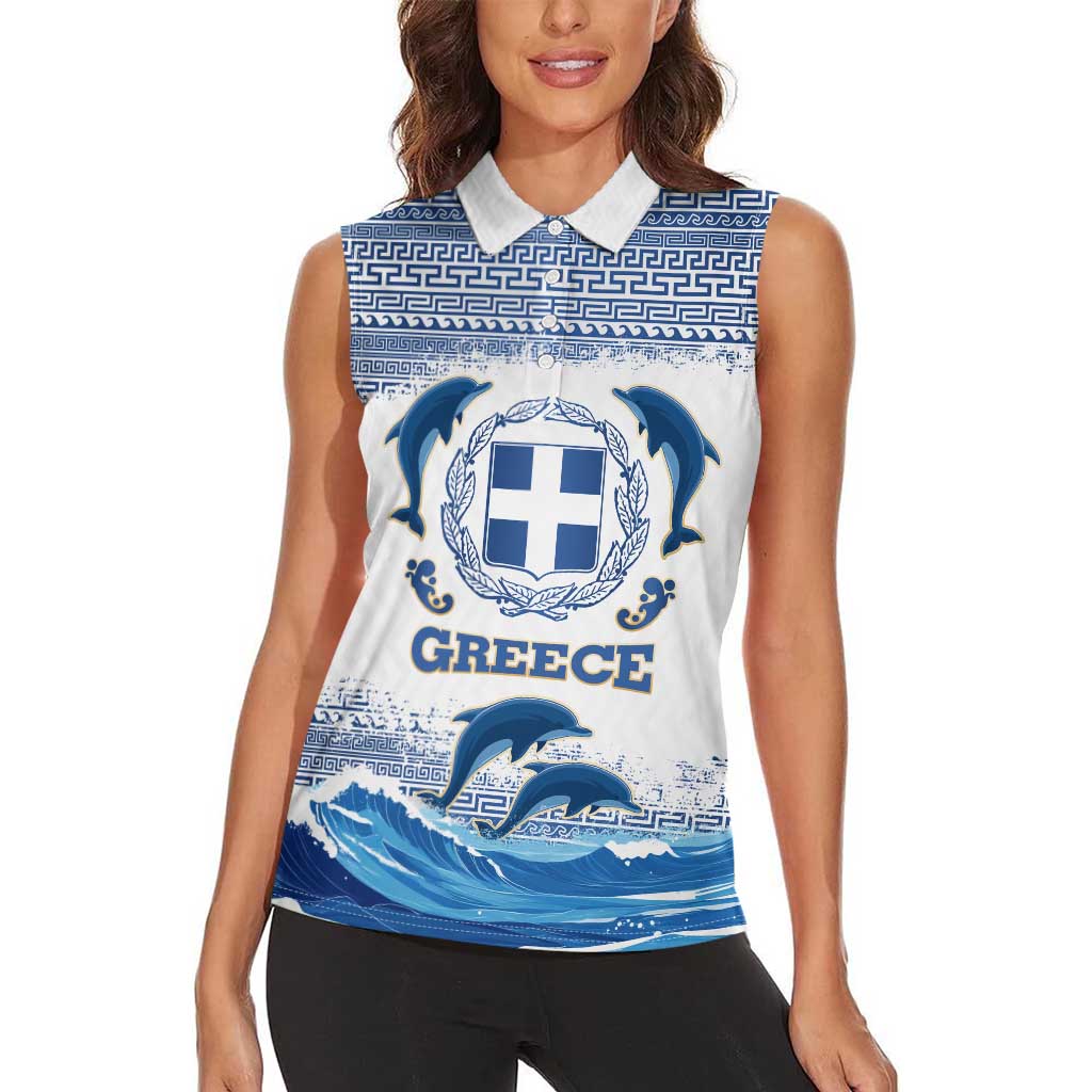 Greece Dolphin Women Sleeveless Polo Shirt with Greek Key Pattern and Ocean Wave Design