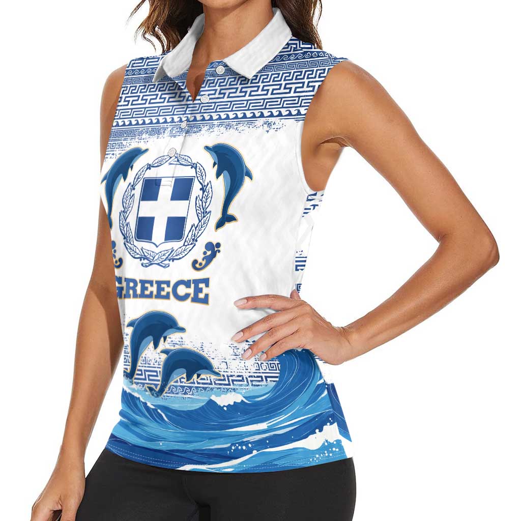 Greece Dolphin Women Sleeveless Polo Shirt with Greek Key Pattern and Ocean Wave Design