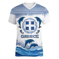 Greece Dolphin Women V-Neck T-Shirt with Greek Key Pattern and Ocean Wave Design