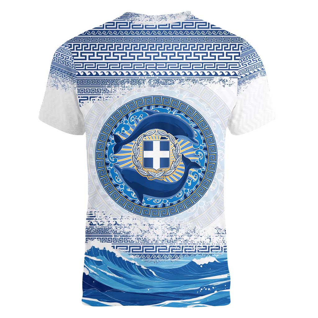 Greece Dolphin Women V-Neck T-Shirt with Greek Key Pattern and Ocean Wave Design