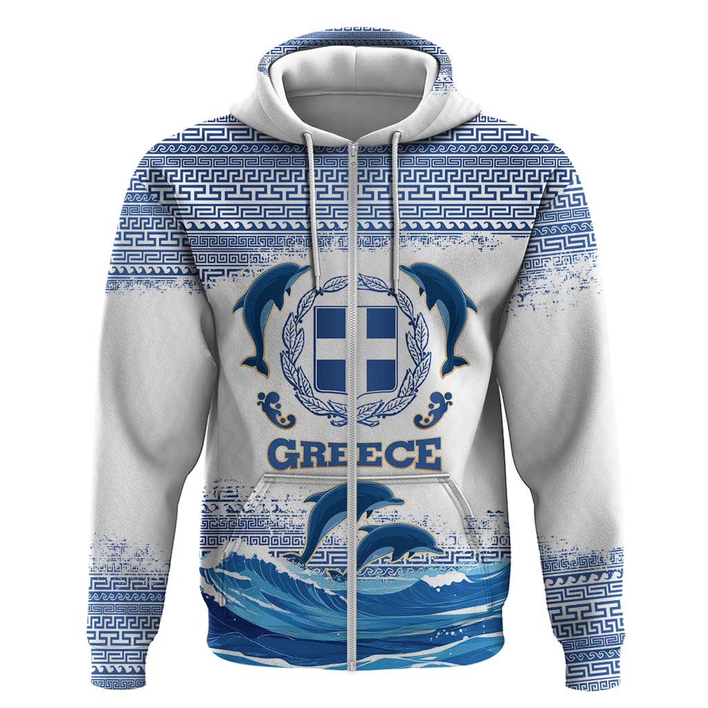 Greece Dolphin Zip Hoodie with Greek Key Pattern and Ocean Wave Design