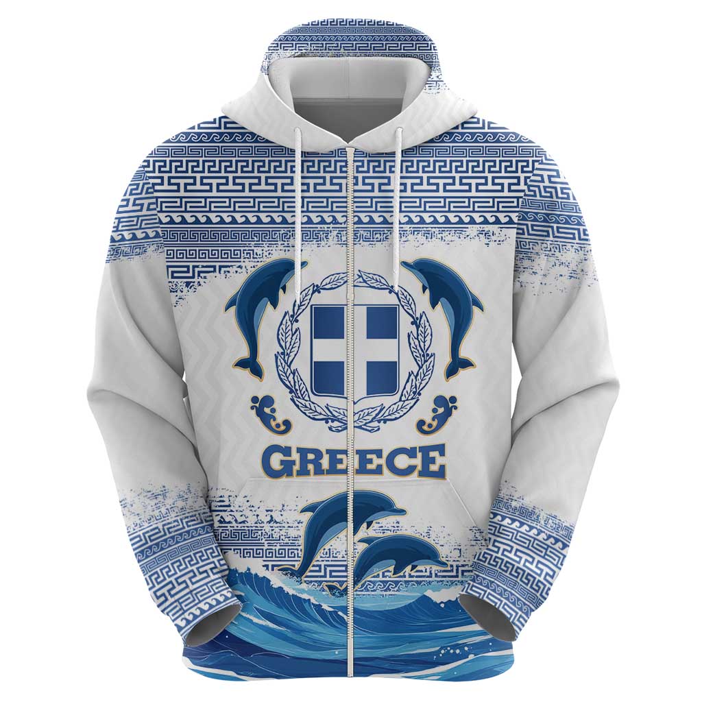 Greece Dolphin Zip Hoodie with Greek Key Pattern and Ocean Wave Design