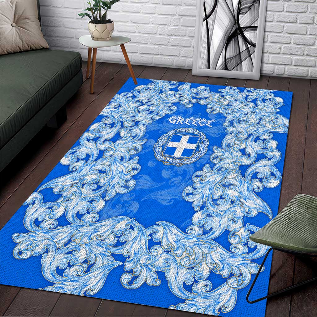 Greece Baroque Pattern Area Rug with Greek Flag Crest and Country Map