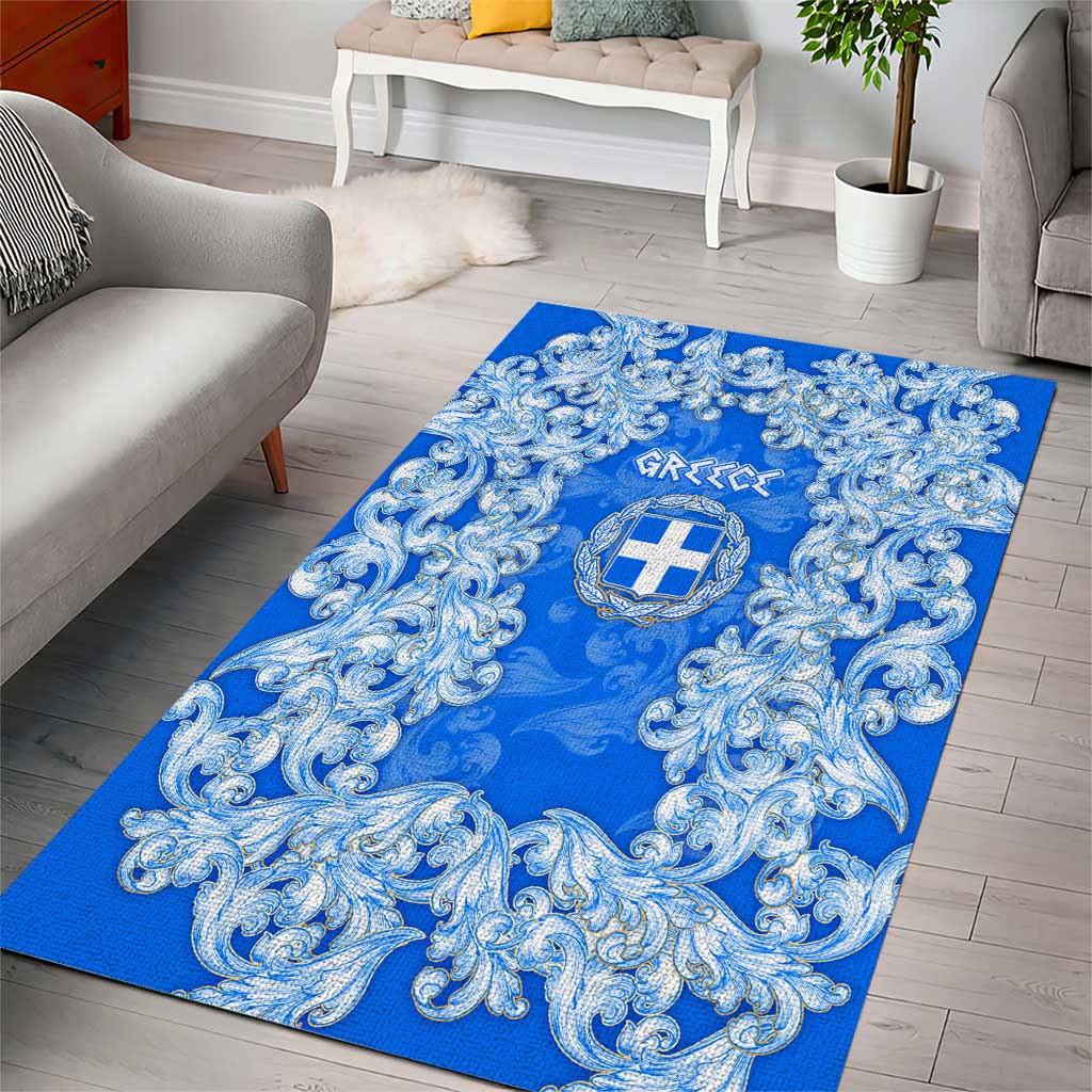 Greece Baroque Pattern Area Rug with Greek Flag Crest and Country Map