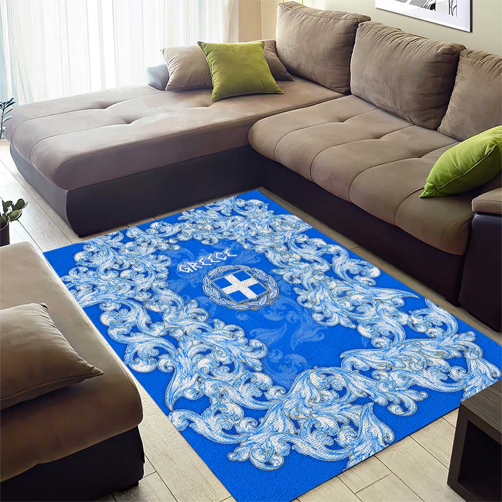 Greece Baroque Pattern Area Rug with Greek Flag Crest and Country Map