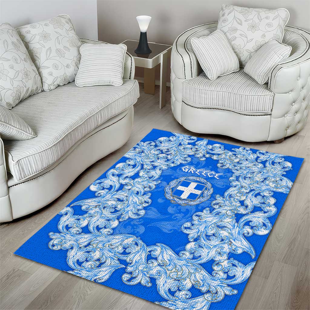 Greece Baroque Pattern Area Rug with Greek Flag Crest and Country Map