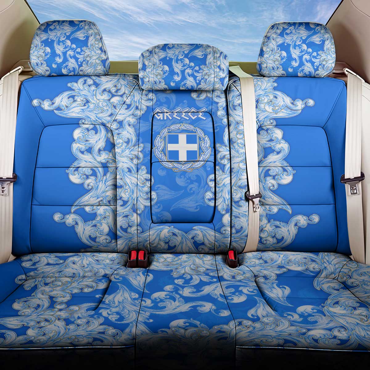 Greece Baroque Pattern Back Car Seat Cover with Greek Flag Crest and Country Map