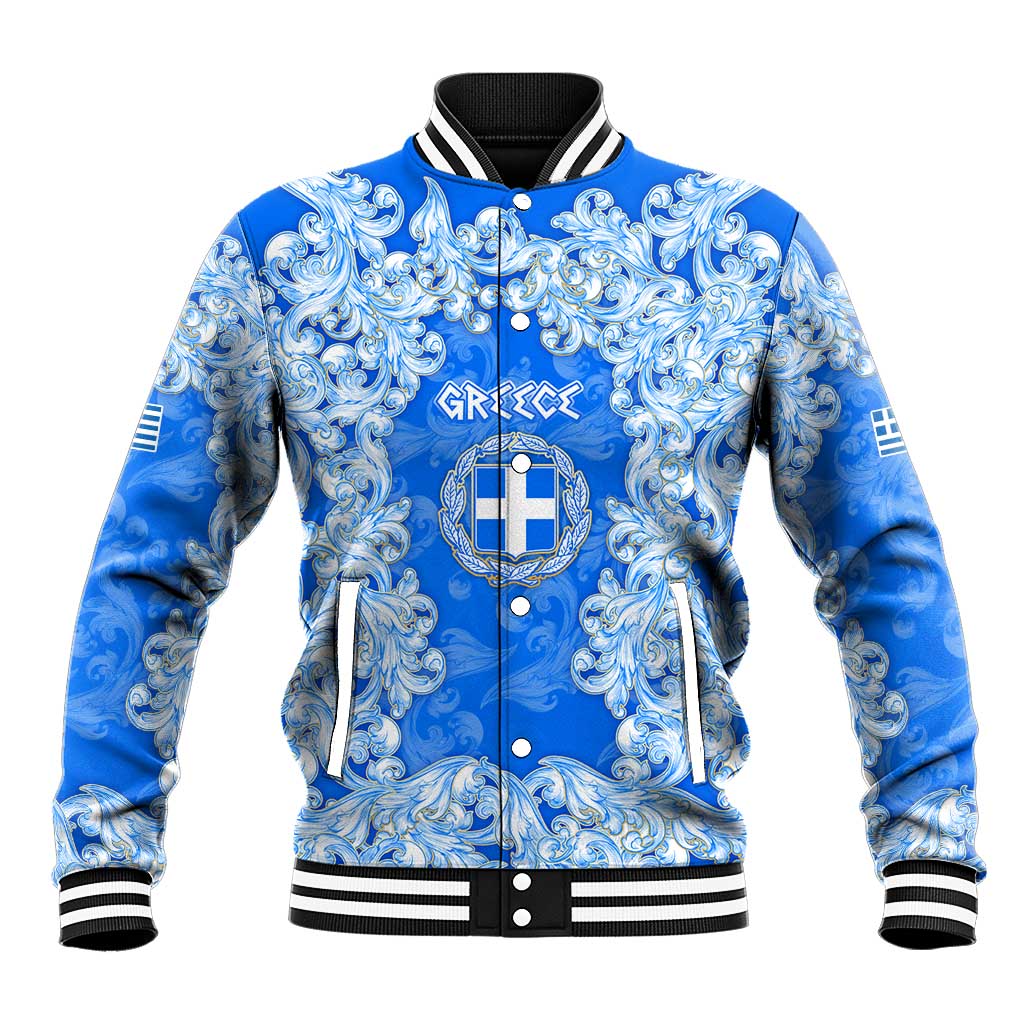 Greece Baroque Pattern Baseball Jacket with Greek Flag Crest and Country Map