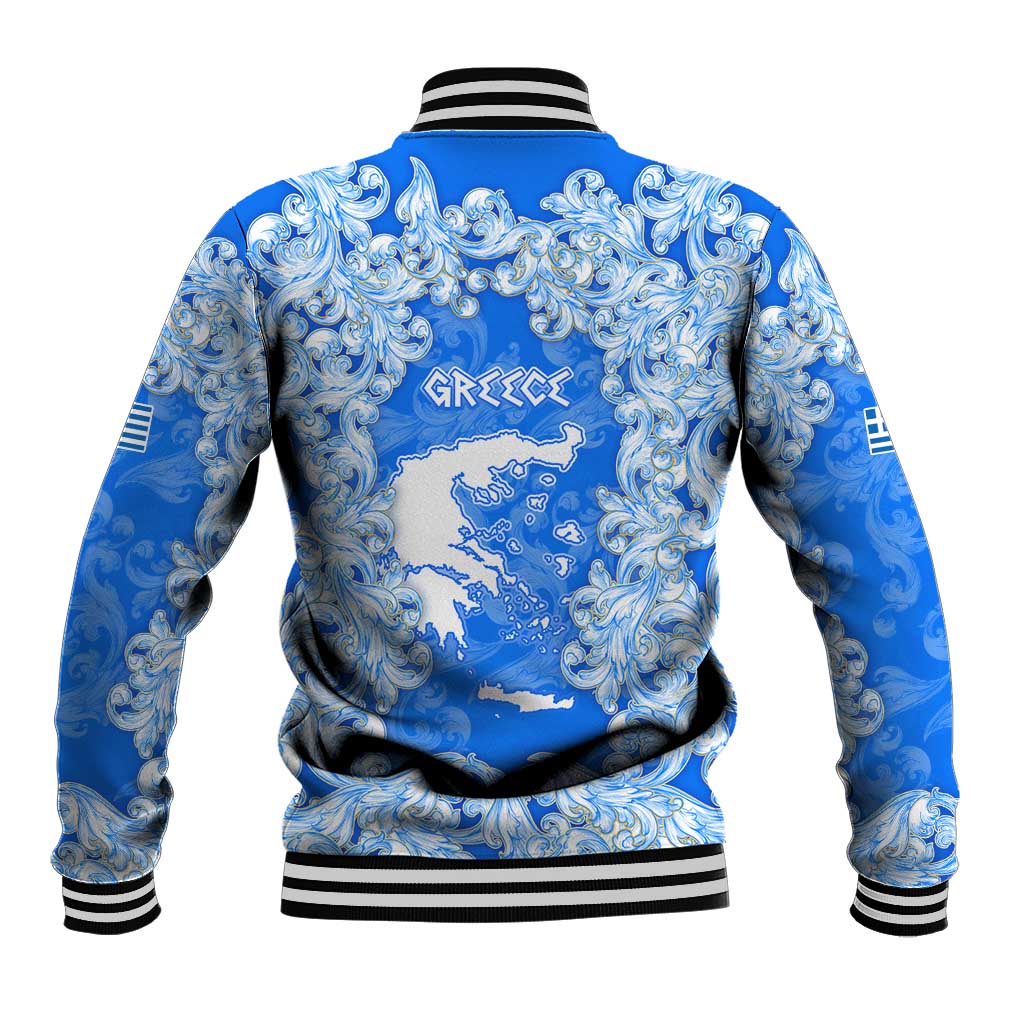 Greece Baroque Pattern Baseball Jacket with Greek Flag Crest and Country Map