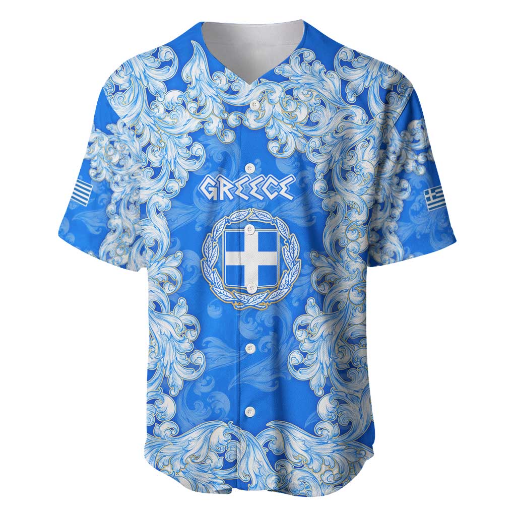 Greece Baroque Pattern Baseball Jersey with Greek Flag Crest and Country Map