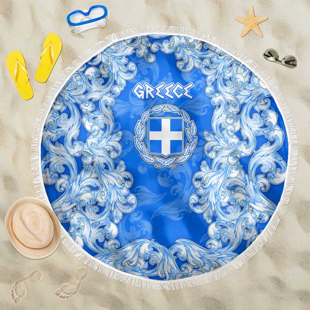 Greece Baroque Pattern Beach Blanket with Greek Flag Crest and Country Map