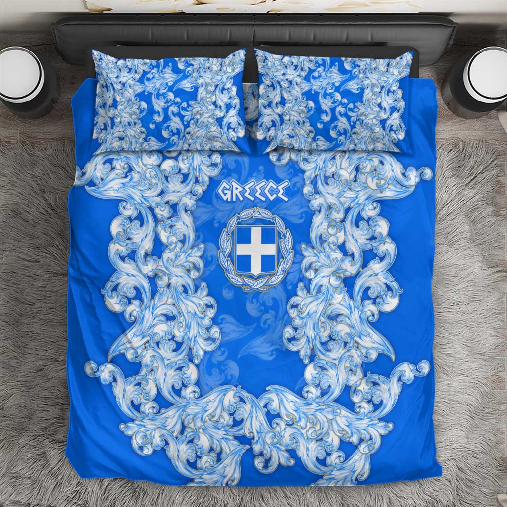 Greece Baroque Pattern Bedding Set with Greek Flag Crest and Country Map