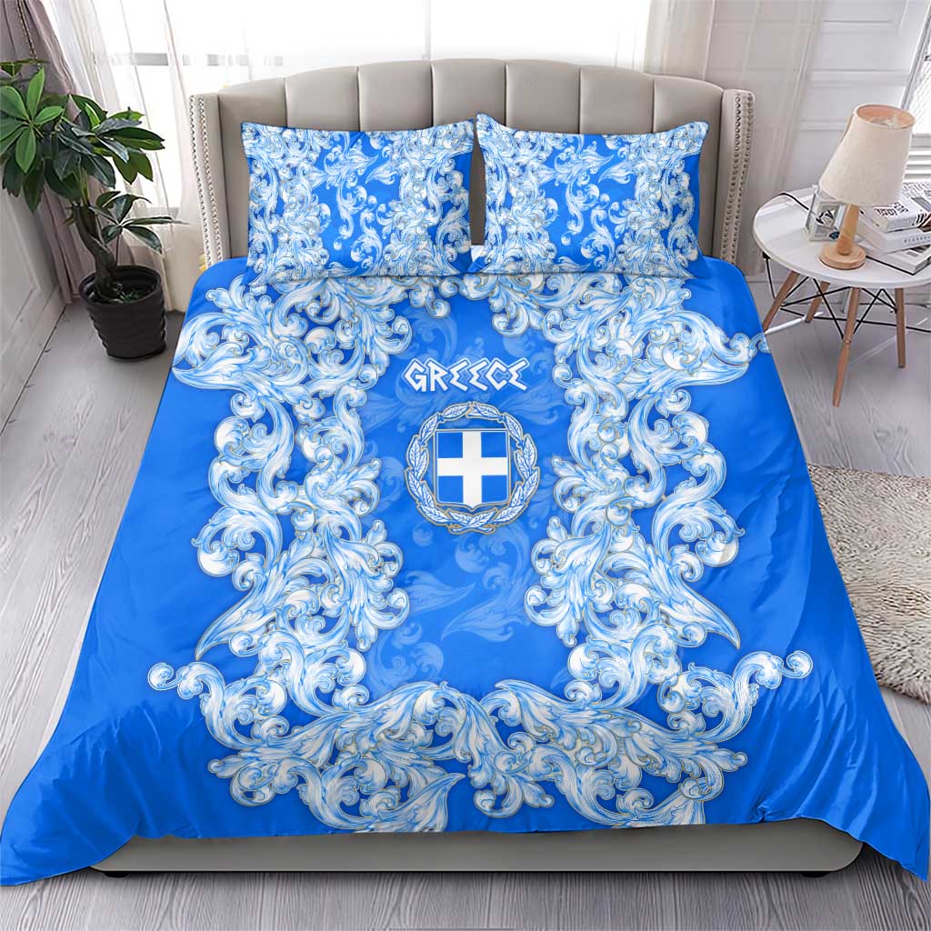 Greece Baroque Pattern Bedding Set with Greek Flag Crest and Country Map
