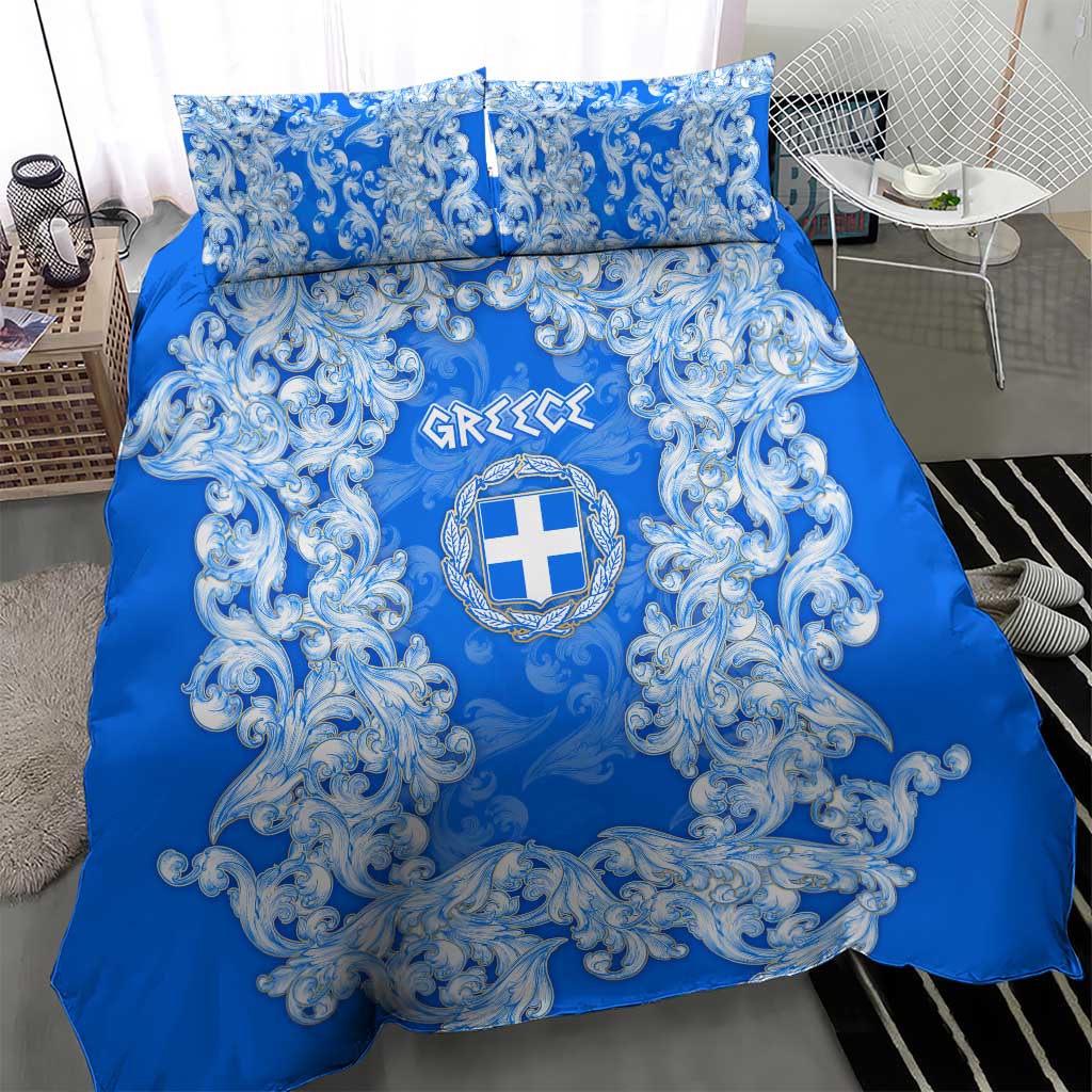 Greece Baroque Pattern Bedding Set with Greek Flag Crest and Country Map