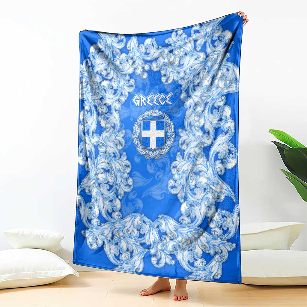 Greece Baroque Pattern Blanket with Greek Flag Crest and Country Map