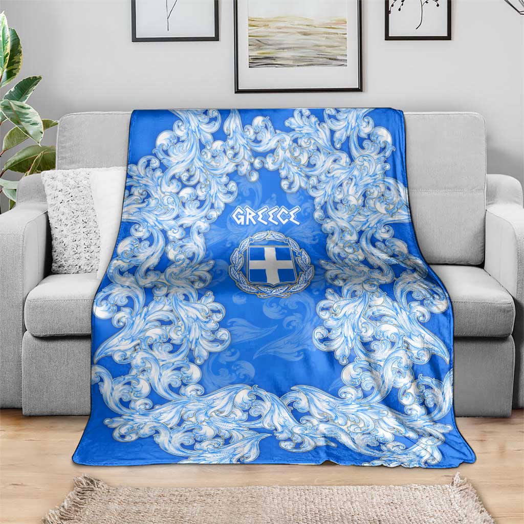 Greece Baroque Pattern Blanket with Greek Flag Crest and Country Map