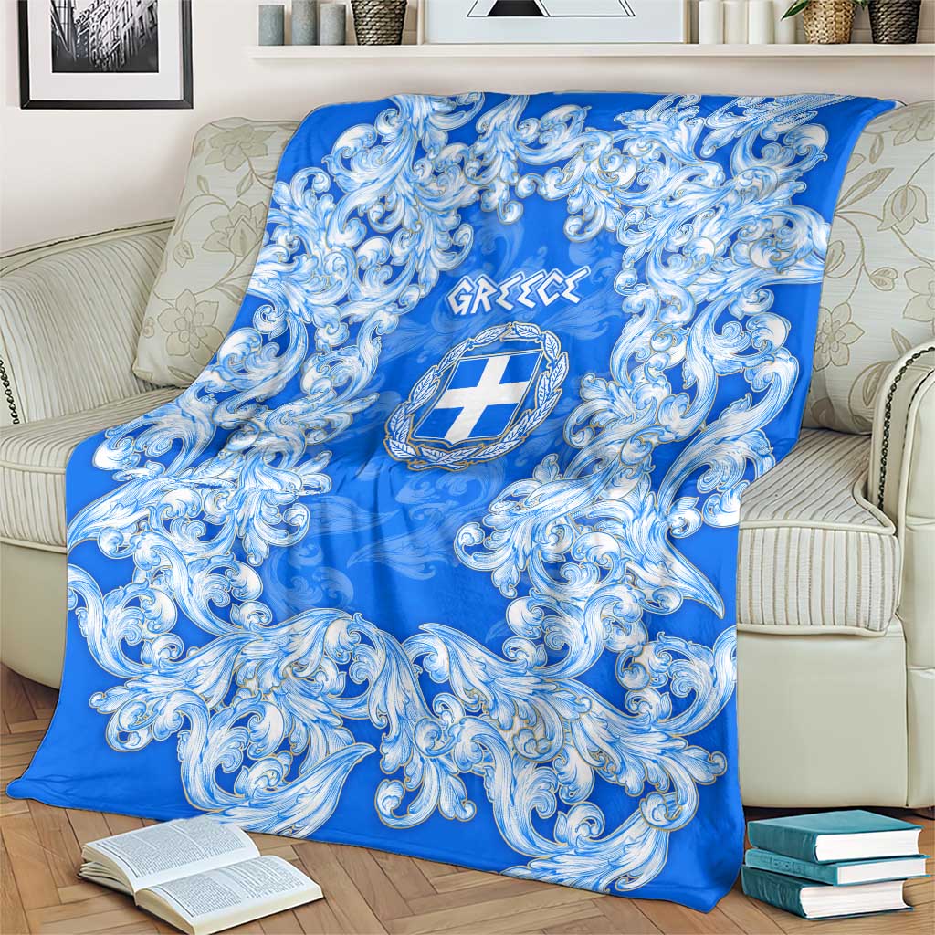Greece Baroque Pattern Blanket with Greek Flag Crest and Country Map