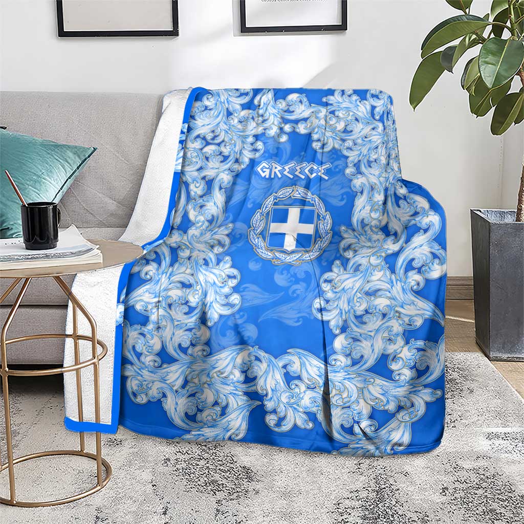 Greece Baroque Pattern Blanket with Greek Flag Crest and Country Map
