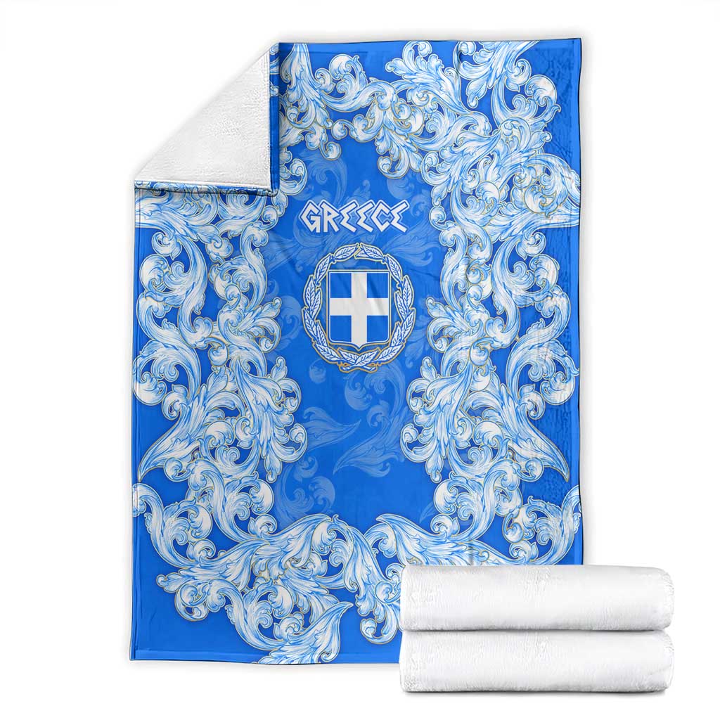 Greece Baroque Pattern Blanket with Greek Flag Crest and Country Map