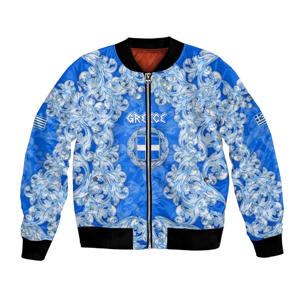 Greece Baroque Pattern Bomber Jacket with Greek Flag Crest and Country Map