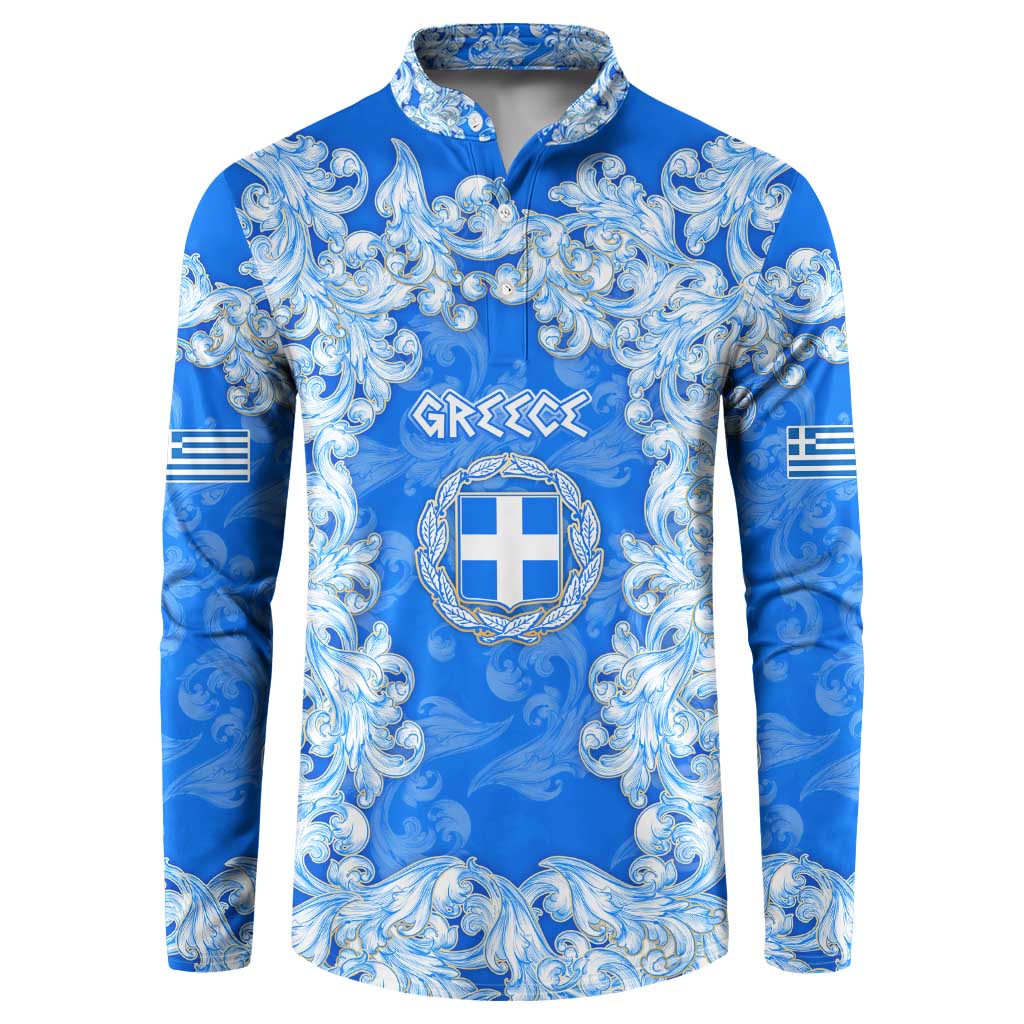 Greece Baroque Pattern Button Sweatshirt with Greek Flag Crest and Country Map