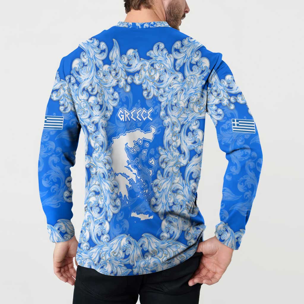 Greece Baroque Pattern Button Sweatshirt with Greek Flag Crest and Country Map