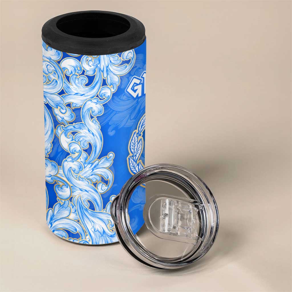 Greece Baroque Pattern 4 in 1 Can Cooler Tumbler with Greek Flag Crest and Country Map