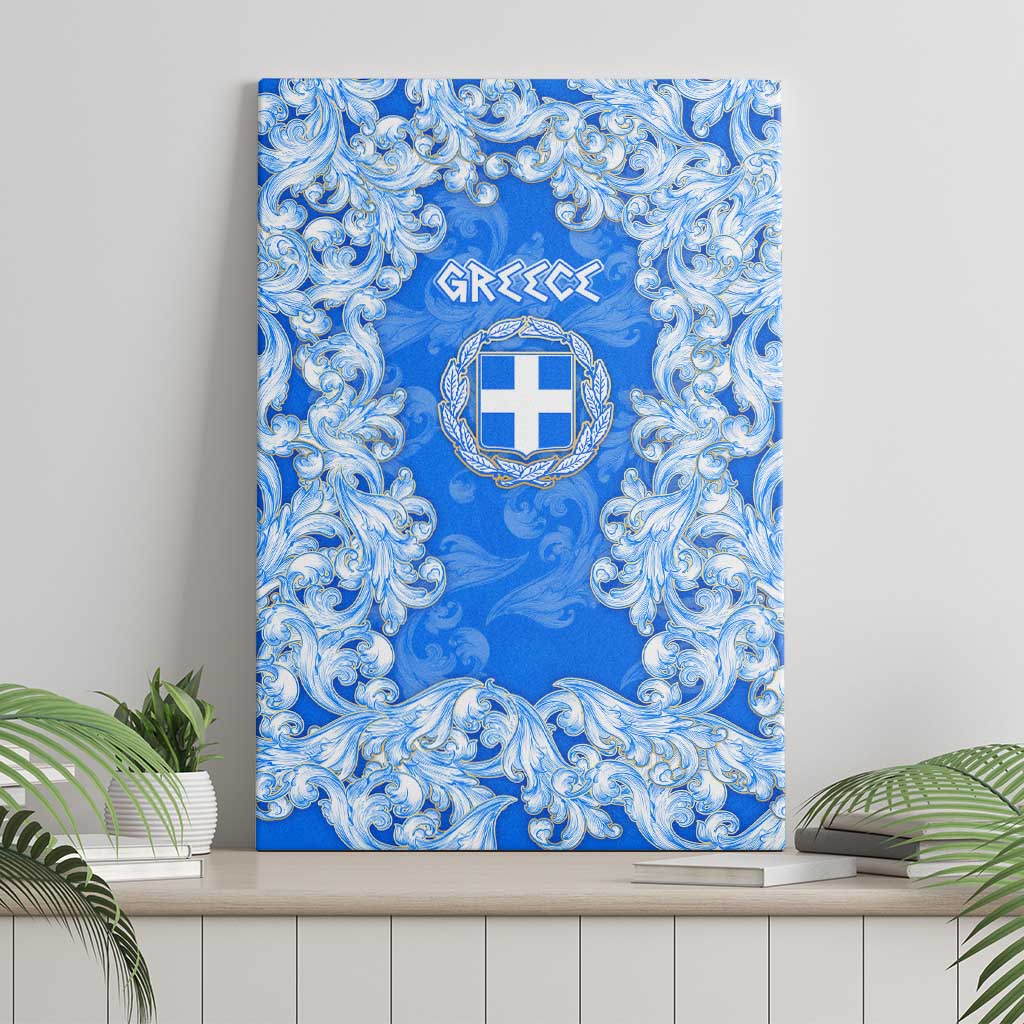 Greece Baroque Pattern Canvas Wall Art with Greek Flag Crest and Country Map