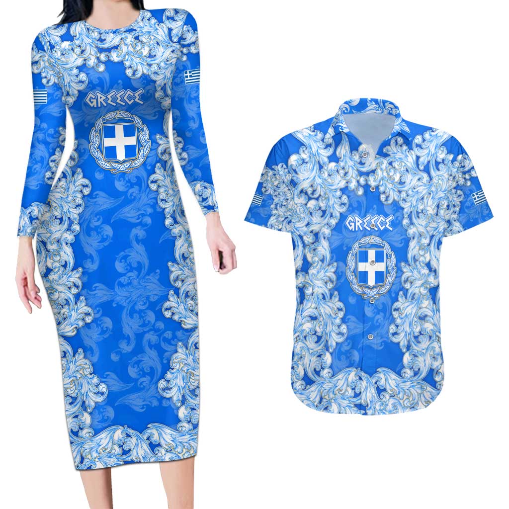 Greece Baroque Pattern Couples Matching Long Sleeve Bodycon Dress and Hawaiian Shirt with Greek Flag Crest and Country Map