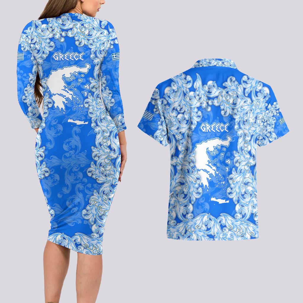 Greece Baroque Pattern Couples Matching Long Sleeve Bodycon Dress and Hawaiian Shirt with Greek Flag Crest and Country Map