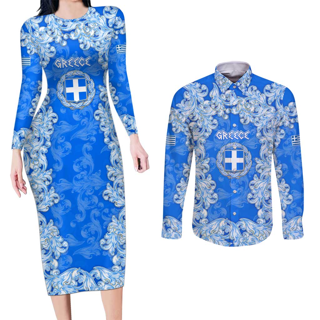 Greece Baroque Pattern Couples Matching Long Sleeve Bodycon Dress and Long Sleeve Button Shirt with Greek Flag Crest and Country Map