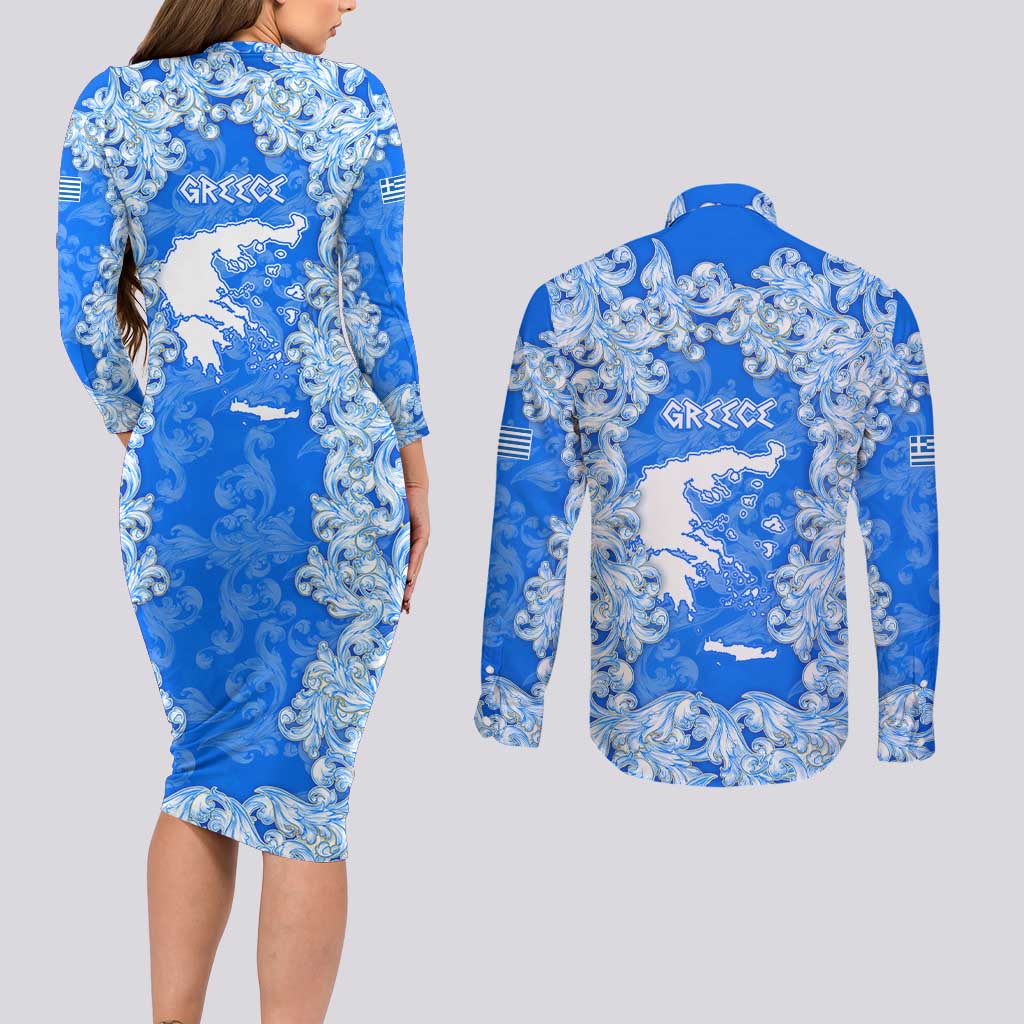 Greece Baroque Pattern Couples Matching Long Sleeve Bodycon Dress and Long Sleeve Button Shirt with Greek Flag Crest and Country Map