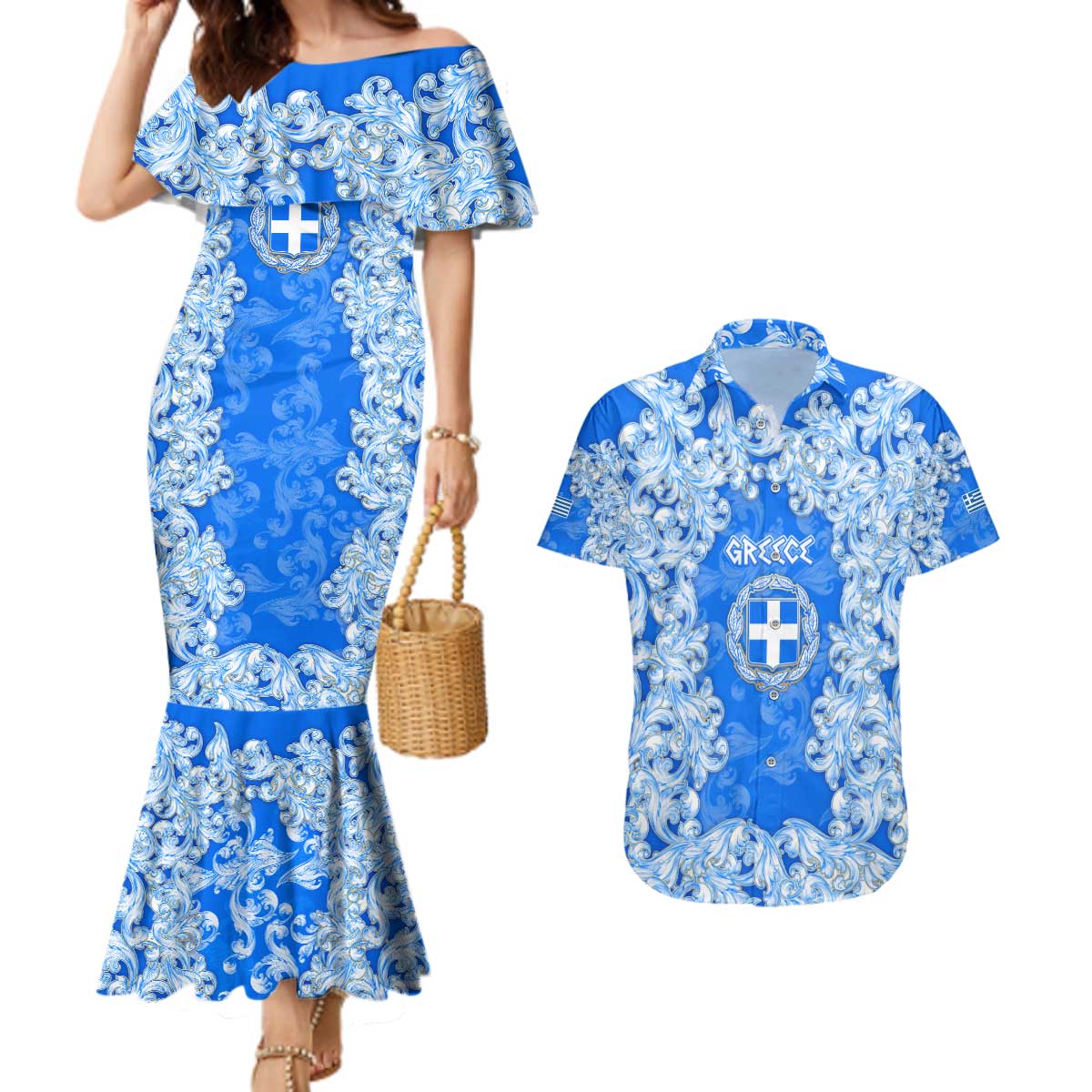 Greece Baroque Pattern Couples Matching Mermaid Dress and Hawaiian Shirt with Greek Flag Crest and Country Map