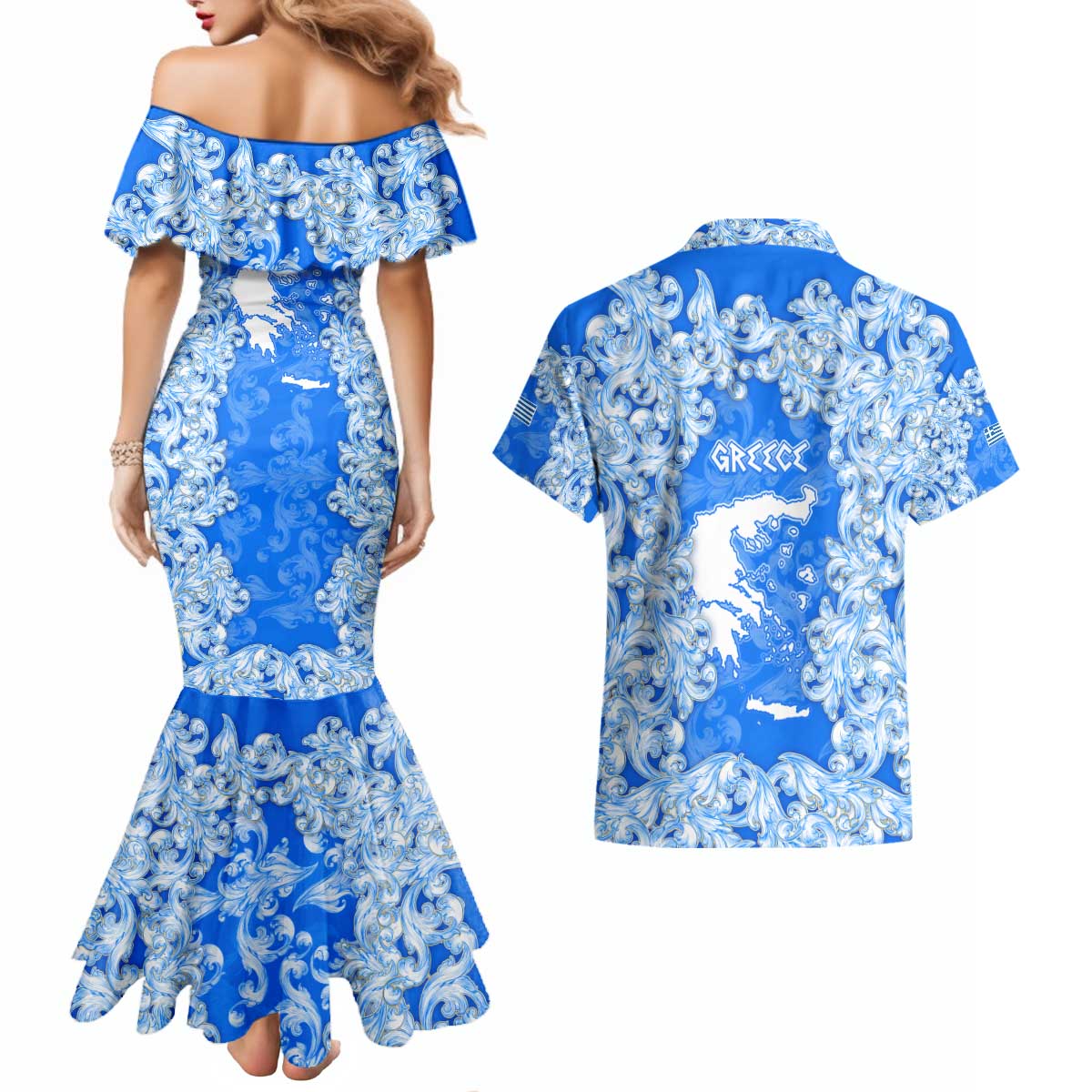 Greece Baroque Pattern Couples Matching Mermaid Dress and Hawaiian Shirt with Greek Flag Crest and Country Map