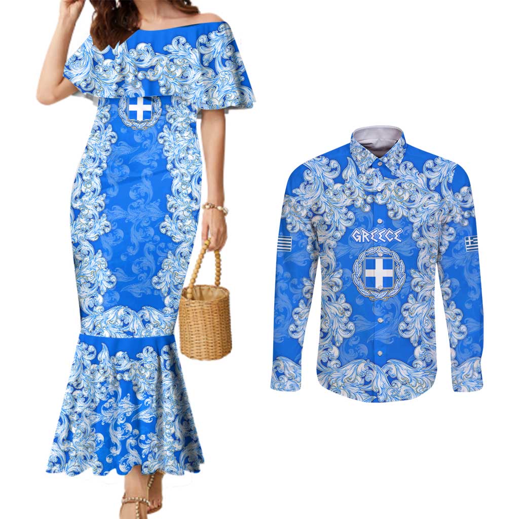 Greece Baroque Pattern Couples Matching Mermaid Dress and Long Sleeve Button Shirt with Greek Flag Crest and Country Map