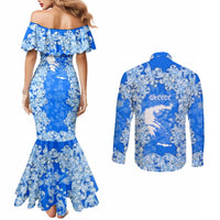 Greece Baroque Pattern Couples Matching Mermaid Dress and Long Sleeve Button Shirt with Greek Flag Crest and Country Map