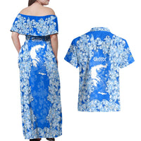 Greece Baroque Pattern Couples Matching Off Shoulder Maxi Dress and Hawaiian Shirt with Greek Flag Crest and Country Map