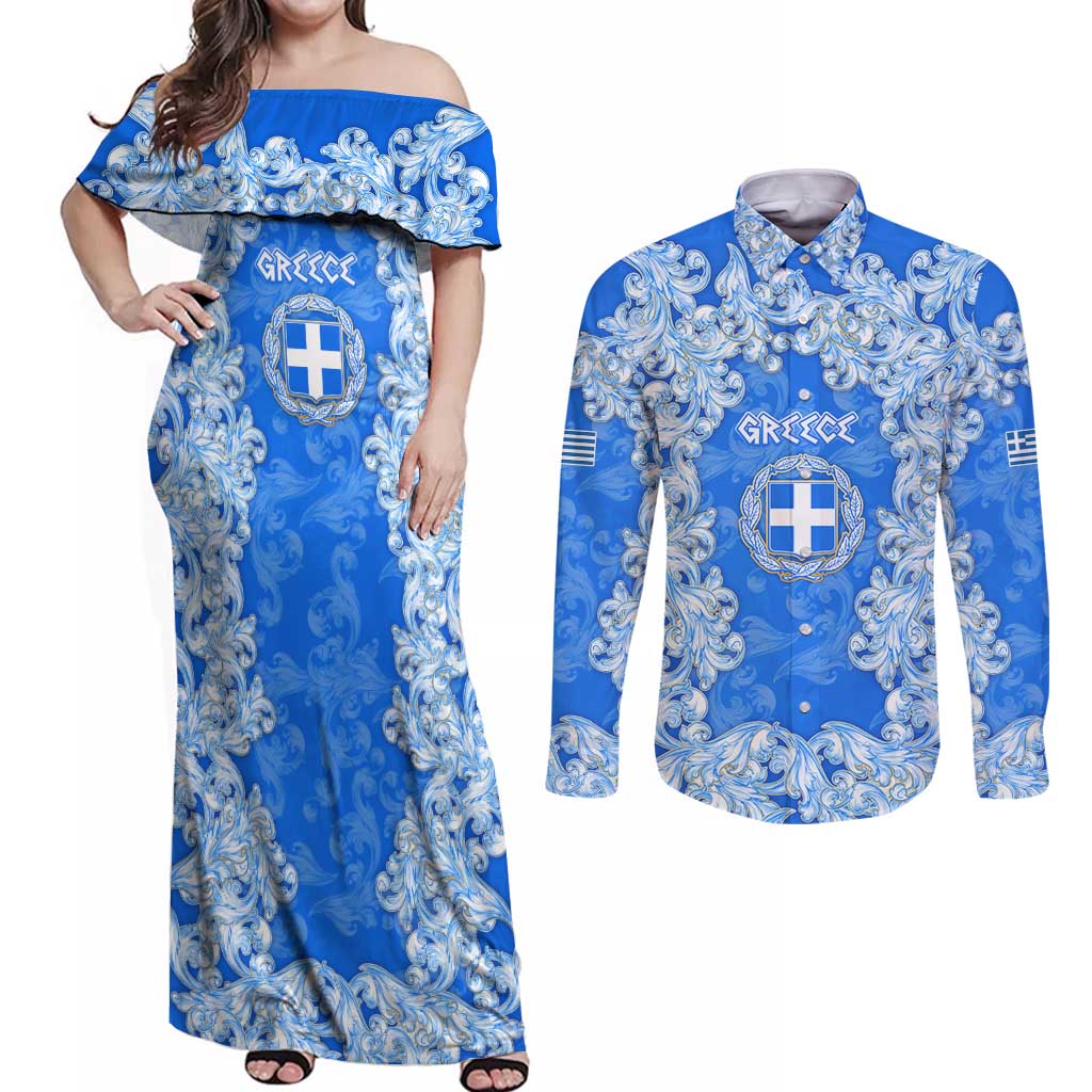 Greece Baroque Pattern Couples Matching Off Shoulder Maxi Dress and Long Sleeve Button Shirt with Greek Flag Crest and Country Map