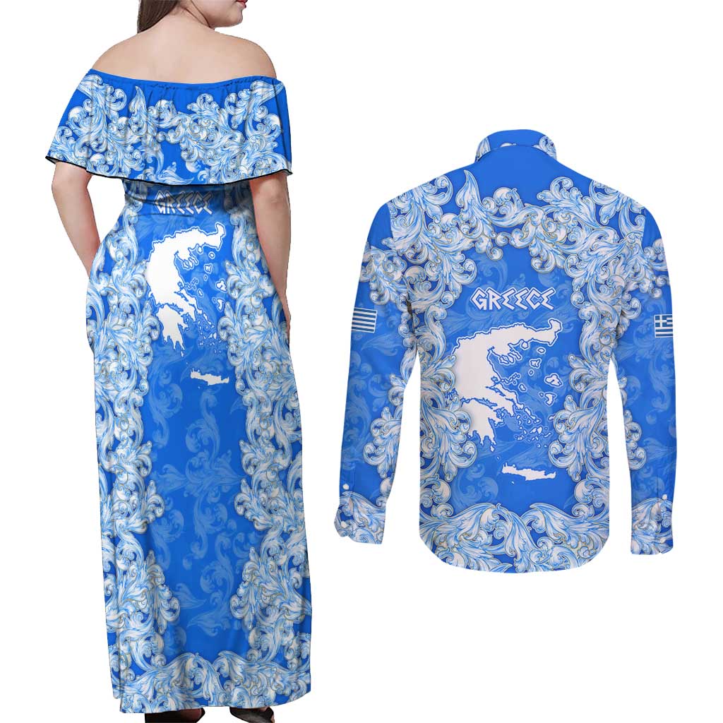 Greece Baroque Pattern Couples Matching Off Shoulder Maxi Dress and Long Sleeve Button Shirt with Greek Flag Crest and Country Map
