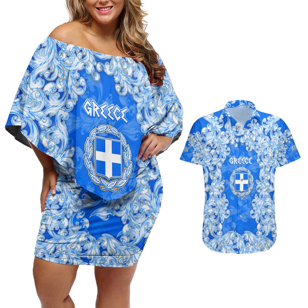 Greece Baroque Pattern Couples Matching Off Shoulder Short Dress and Hawaiian Shirt with Greek Flag Crest and Country Map
