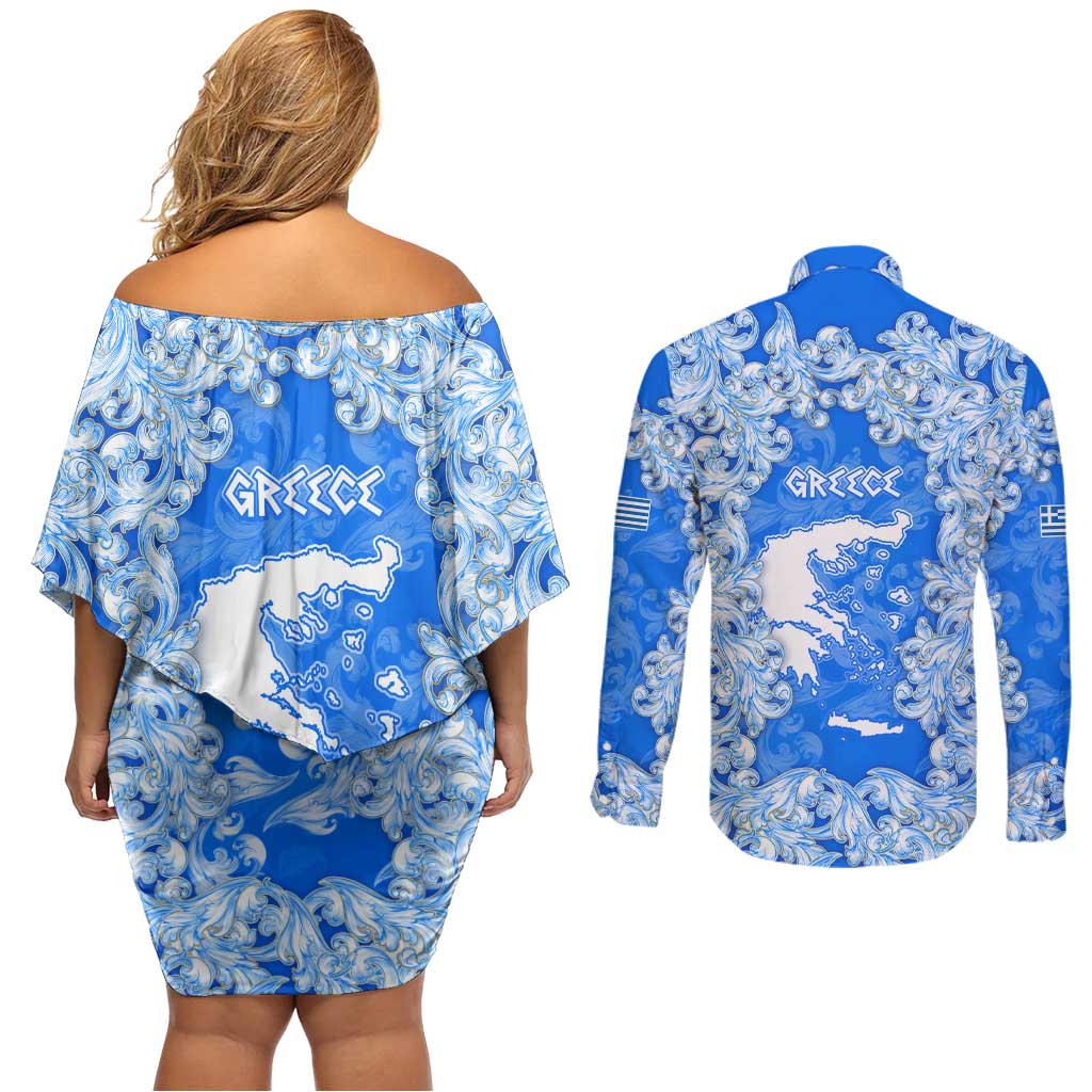 Greece Baroque Pattern Couples Matching Off Shoulder Short Dress and Long Sleeve Button Shirt with Greek Flag Crest and Country Map