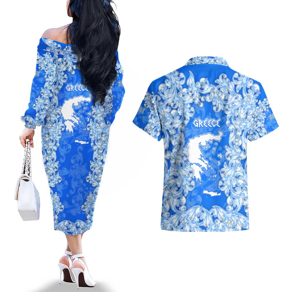 Greece Baroque Pattern Couples Matching Off The Shoulder Long Sleeve Dress and Hawaiian Shirt with Greek Flag Crest and Country Map